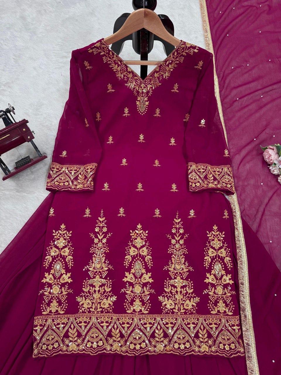 Wedding Wear Wine Color Faux Georgette And Thread With Sequence Work Palazzo Suit