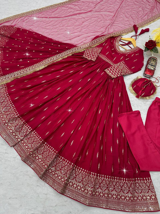 Trendy Pink Color Heavy Pure Chinon Silk Embroidery Sequence Work Gown