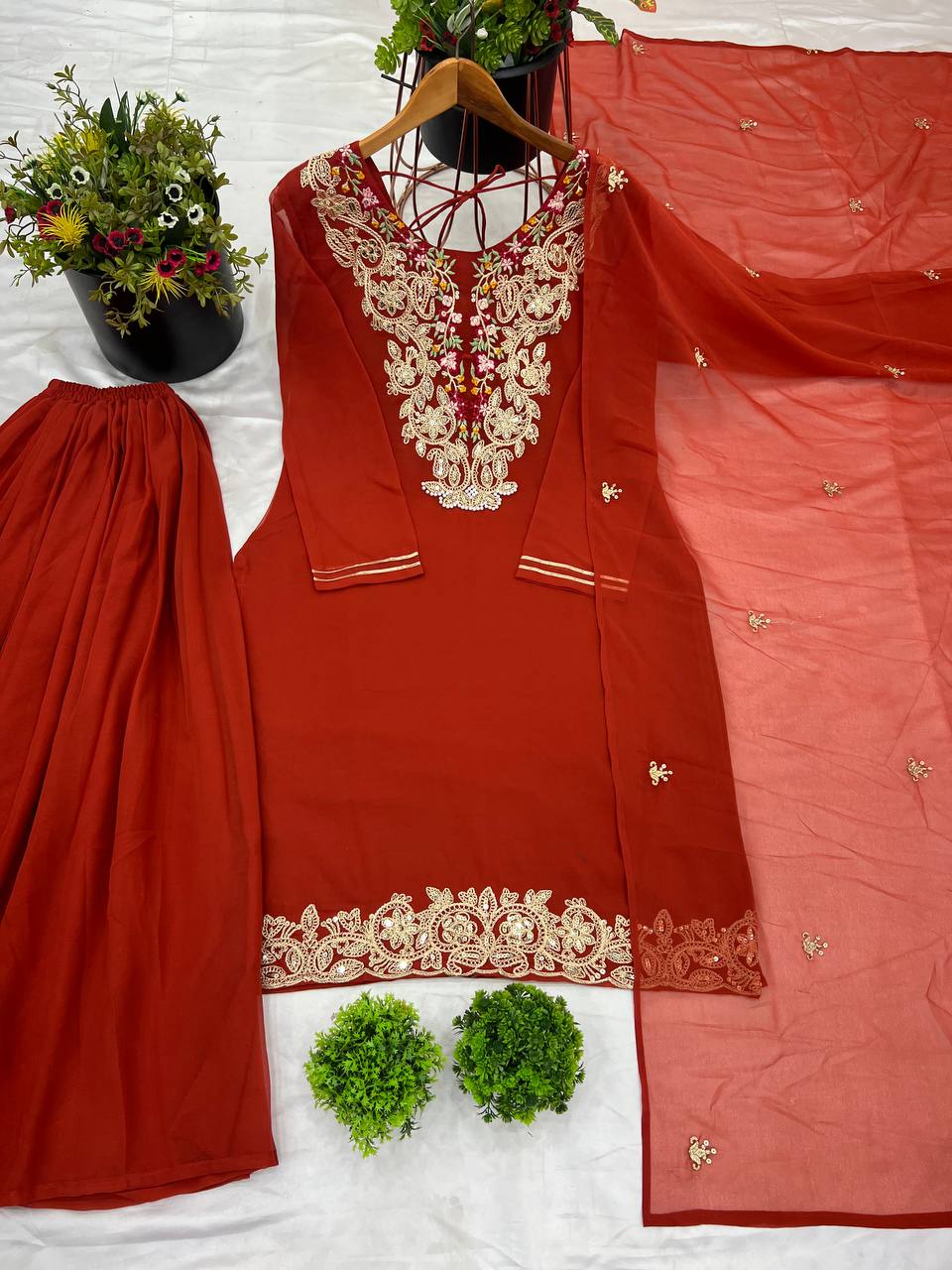 Ravishing Orange Color Heavy Faux Georgette With 5mm Embroidery Sequence Work Designer Palazzo Suit