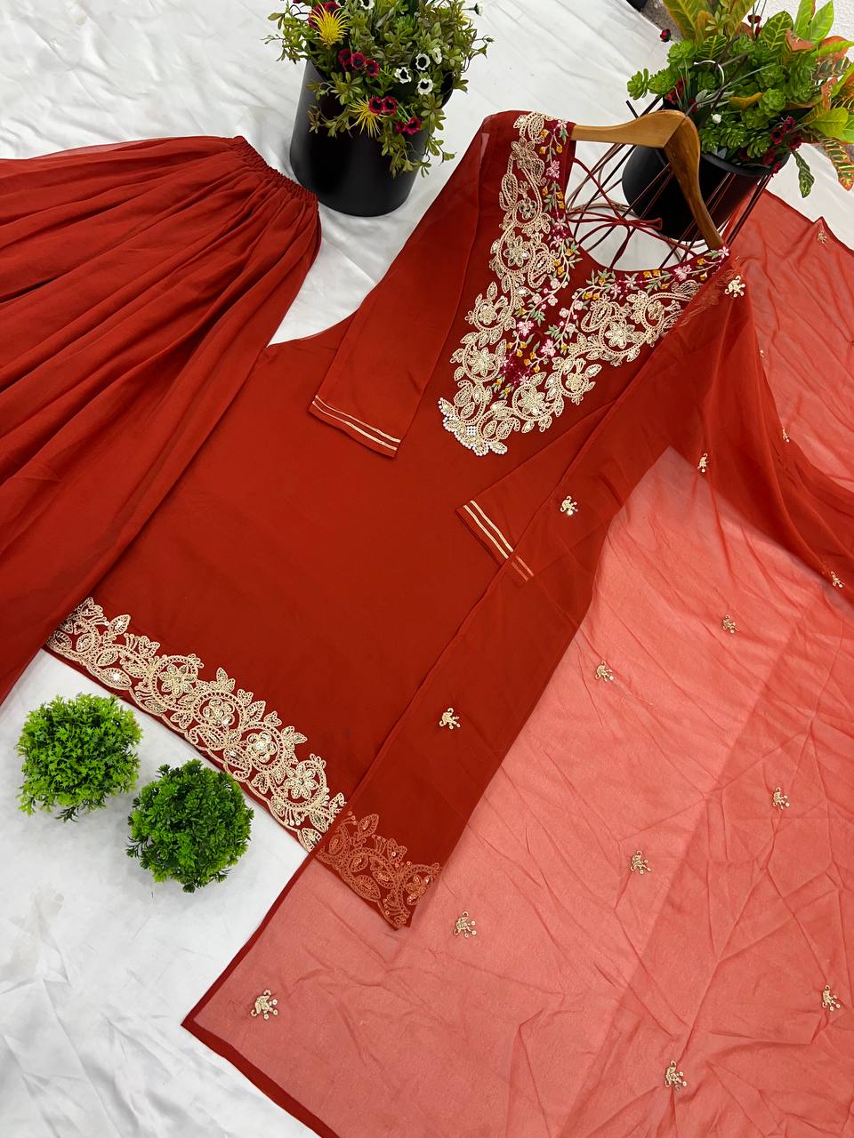 Ravishing Orange Color Heavy Faux Georgette With 5mm Embroidery Sequence Work Designer Palazzo Suit