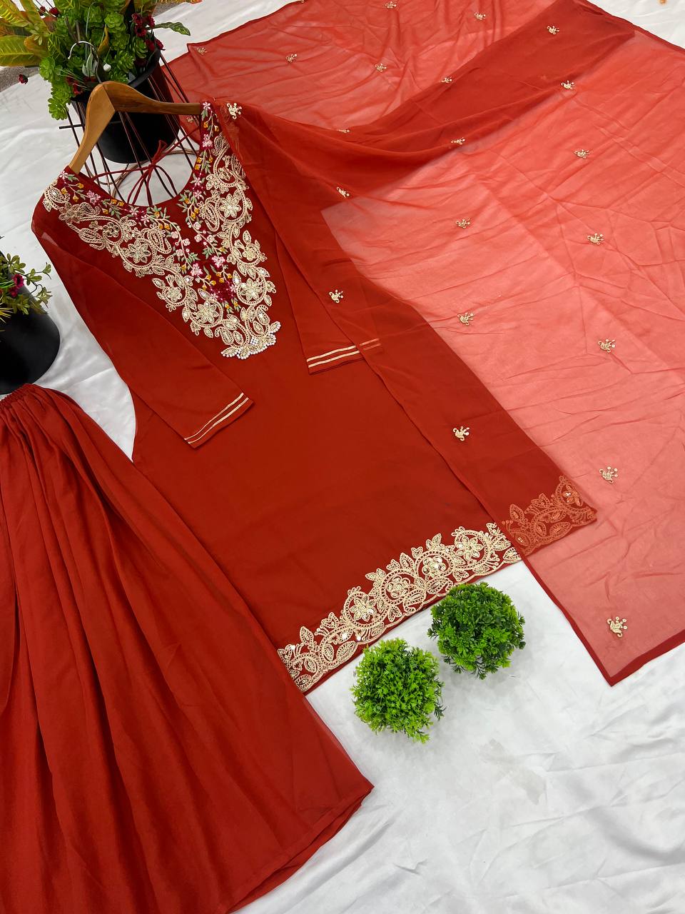 Ravishing Orange Color Heavy Faux Georgette With 5mm Embroidery Sequence Work Designer Palazzo Suit