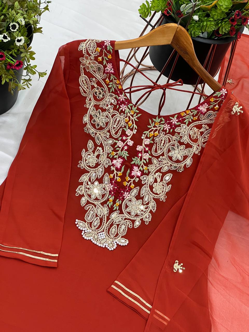 Ravishing Orange Color Heavy Faux Georgette With 5mm Embroidery Sequence Work Designer Palazzo Suit