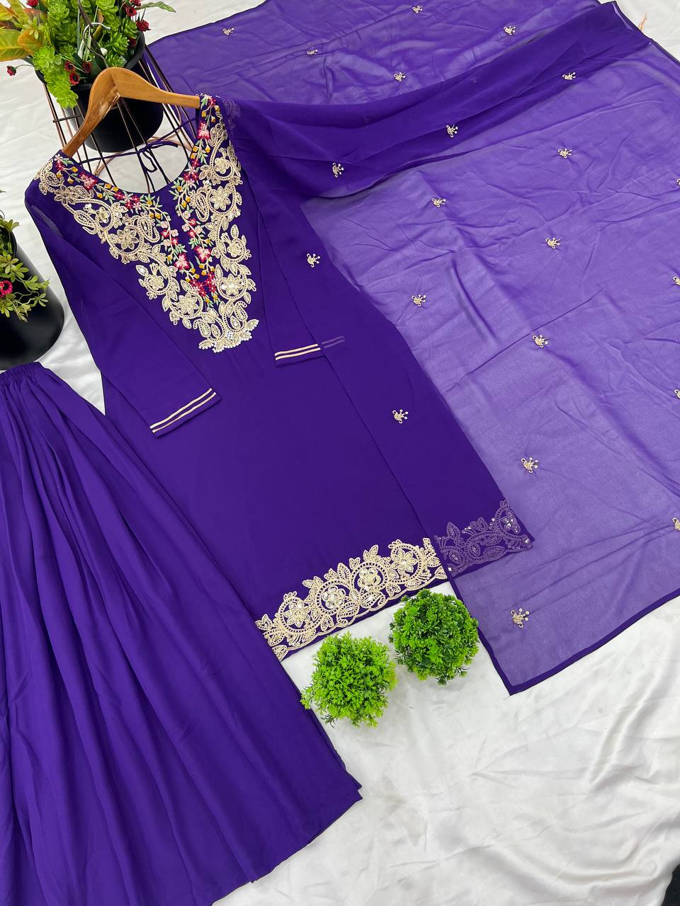 Ravishing Blue Color Heavy Faux Georgette With 5mm Embroidery Sequence Work Designer Palazzo Suit