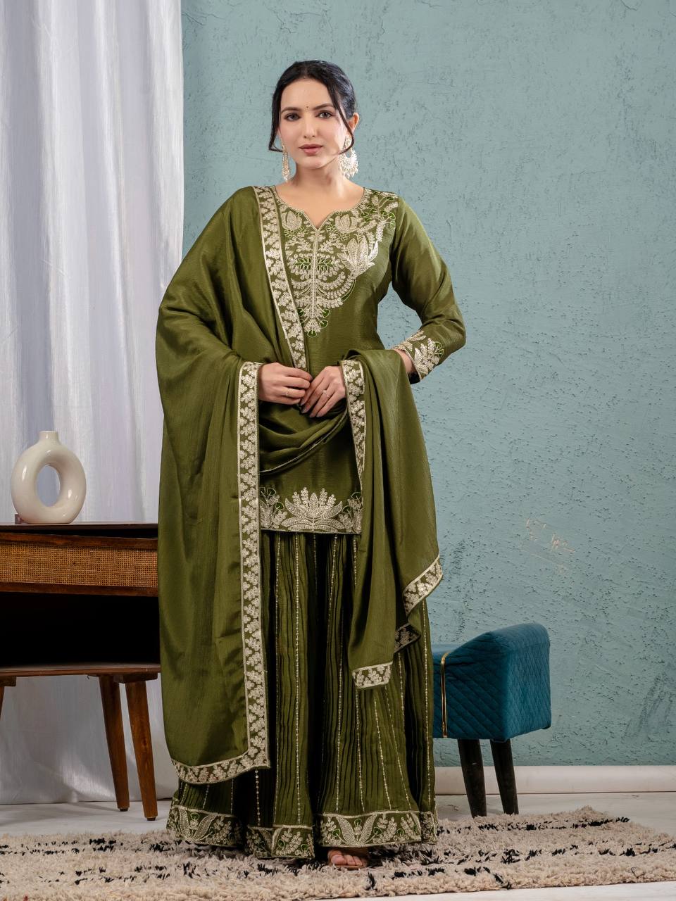 Designer Green Color Pure Heavy Chinon Silk With Heavy Embroidery Coding Sequence Work Sharara Suit