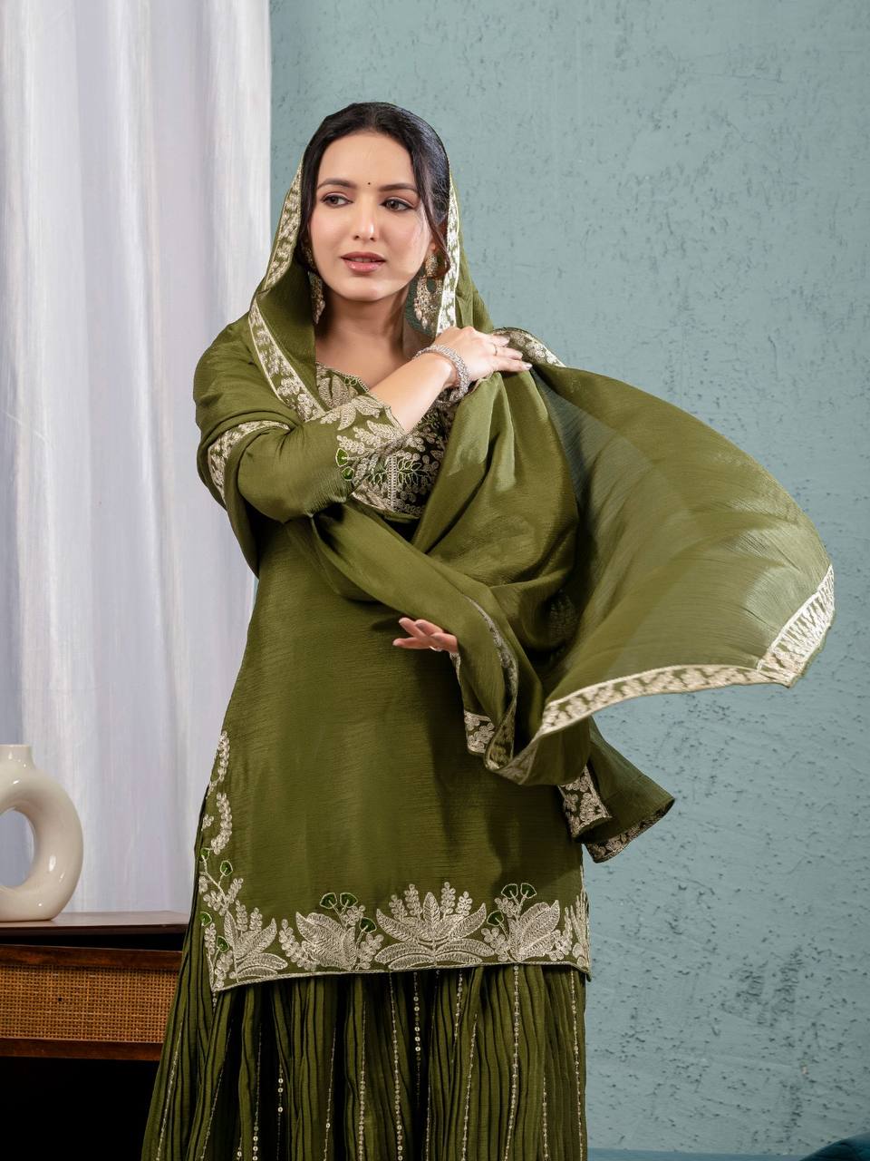 Designer Green Color Pure Heavy Chinon Silk With Heavy Embroidery Coding Sequence Work Sharara Suit