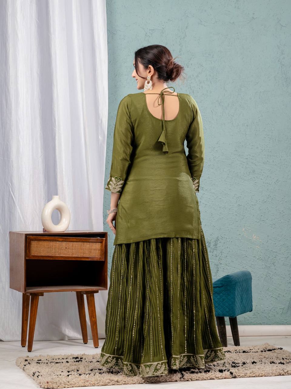 Designer Green Color Pure Heavy Chinon Silk With Heavy Embroidery Coding Sequence Work Sharara Suit
