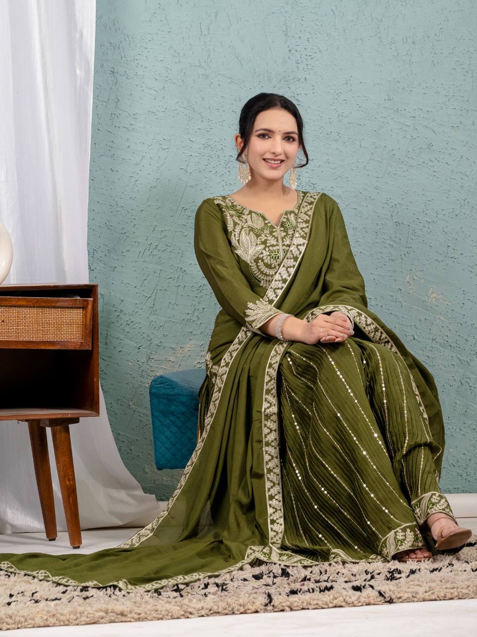 Designer Green Color Pure Heavy Chinon Silk With Heavy Embroidery Coding Sequence Work Sharara Suit