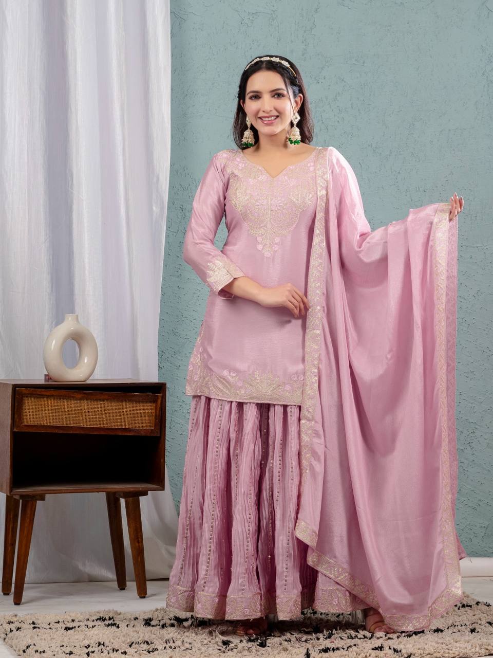 Designer Peach Color Pure Heavy Chinon Silk With Heavy Embroidery Coding Sequence Work Sharara Suit