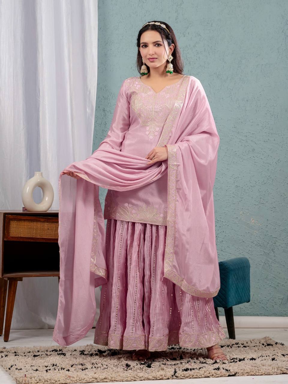 Designer Peach Color Pure Heavy Chinon Silk With Heavy Embroidery Coding Sequence Work Sharara Suit