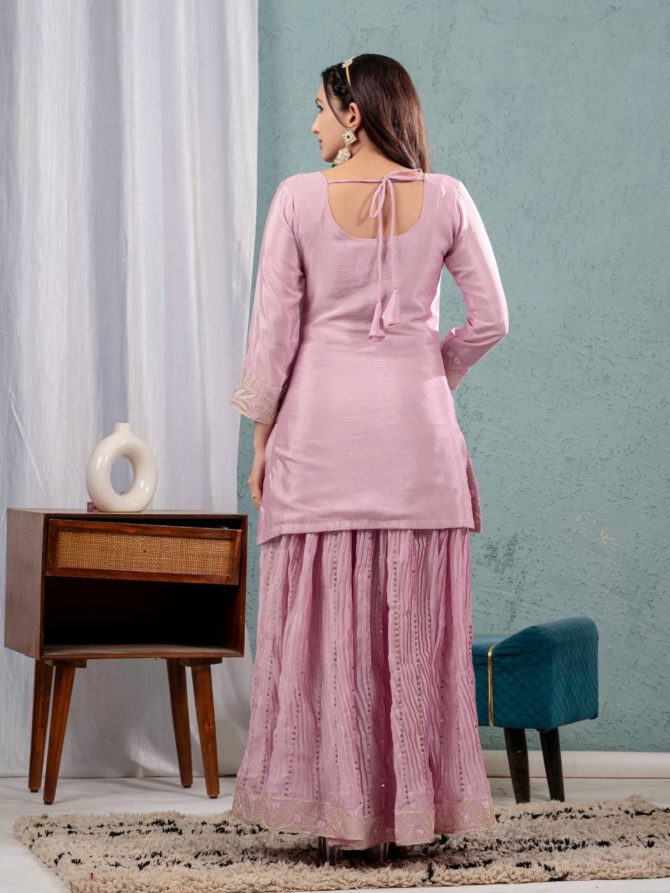 Designer Peach Color Pure Heavy Chinon Silk With Heavy Embroidery Coding Sequence Work Sharara Suit