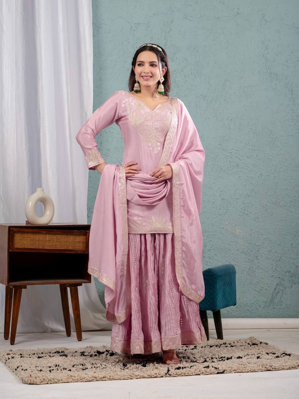 Designer Peach Color Pure Heavy Chinon Silk With Heavy Embroidery Coding Sequence Work Sharara Suit