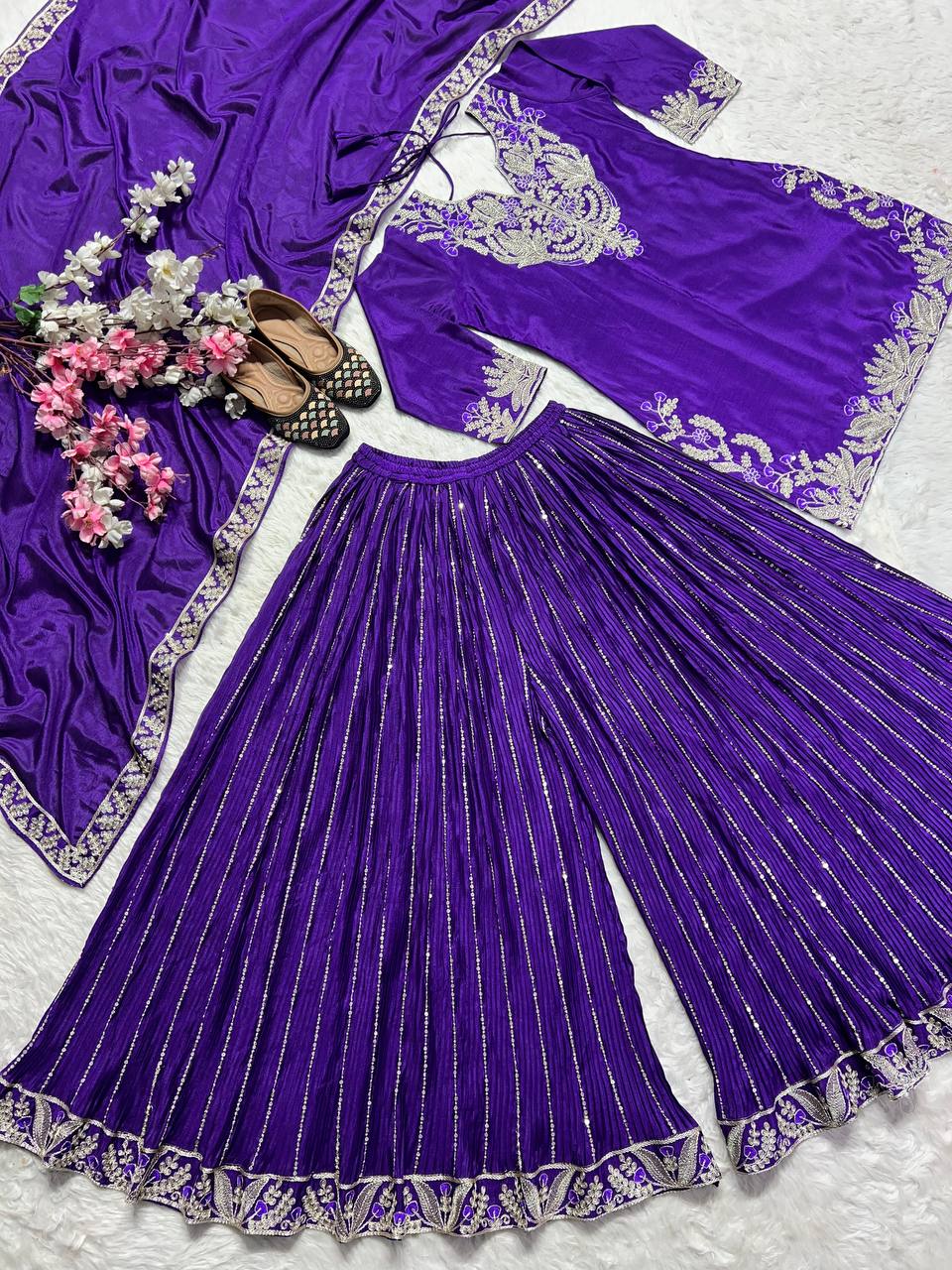 Luxuriant Royal Blue Color Pure Heavy Chinon Silk With Heavy Embroidery Coding Sequence Work Sharara Suit