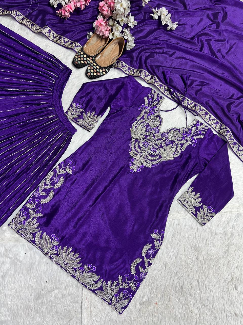 Luxuriant Royal Blue Color Pure Heavy Chinon Silk With Heavy Embroidery Coding Sequence Work Sharara Suit