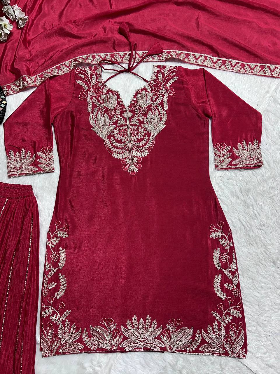 Captivating Pink Color Pure Heavy Chinon Silk With Heavy Embroidery Coding Sequence Work Sharara Suit