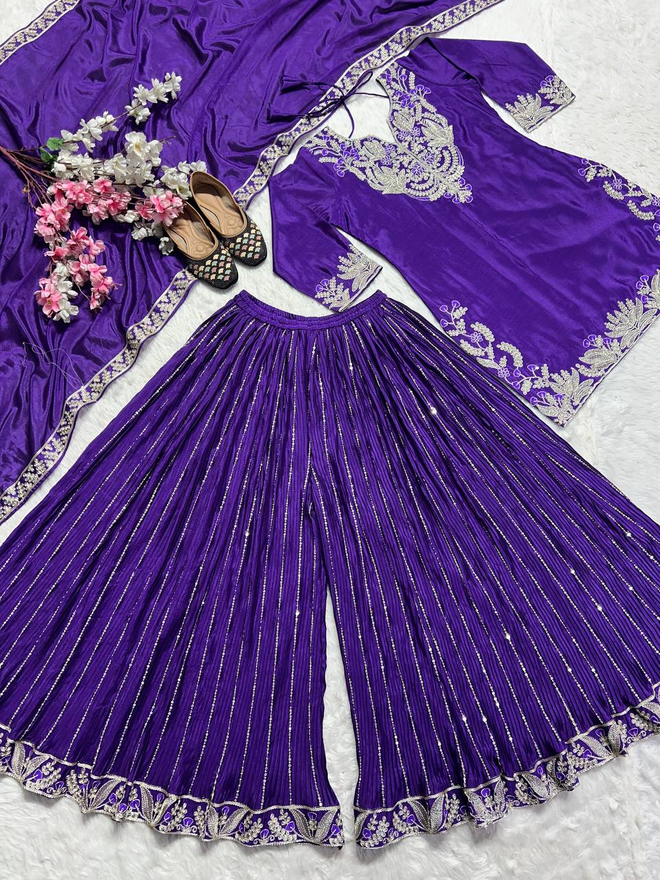 Luxuriant Royal Blue Color Pure Heavy Chinon Silk With Heavy Embroidery Coding Sequence Work Sharara Suit
