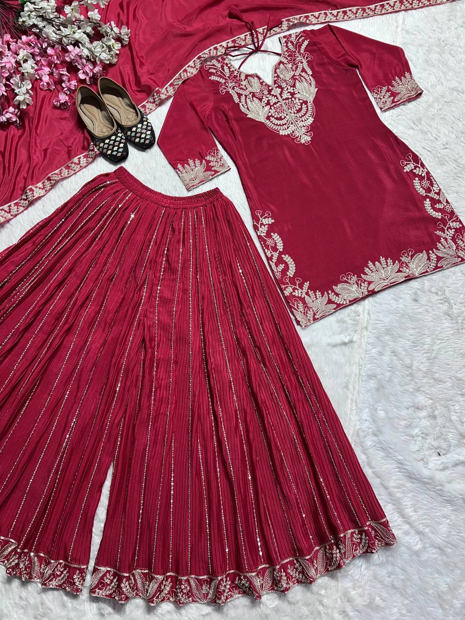 Captivating Pink Color Pure Heavy Chinon Silk With Heavy Embroidery Coding Sequence Work Sharara Suit