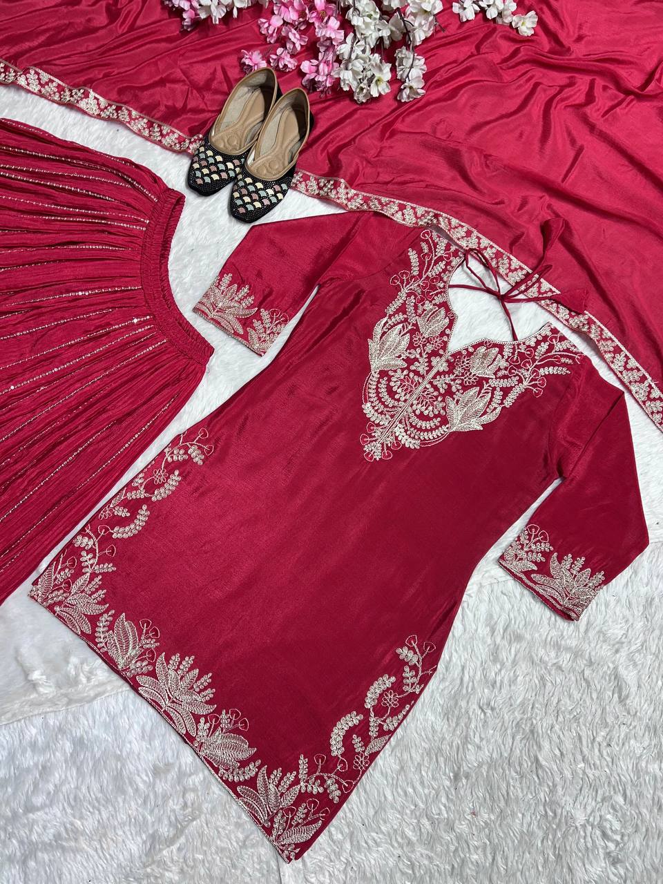 Captivating Pink Color Pure Heavy Chinon Silk With Heavy Embroidery Coding Sequence Work Sharara Suit