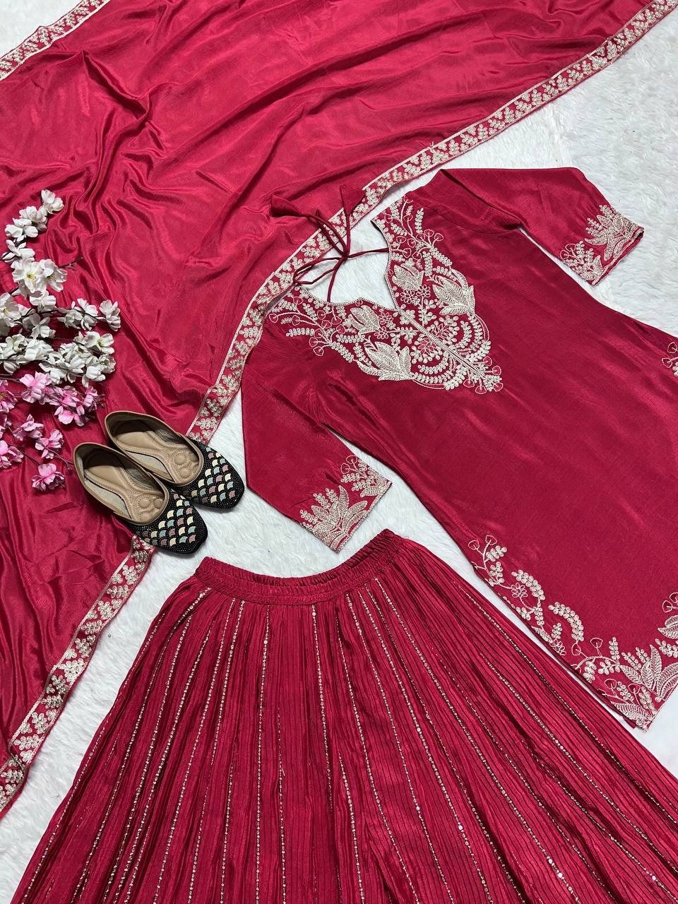 Captivating Pink Color Pure Heavy Chinon Silk With Heavy Embroidery Coding Sequence Work Sharara Suit
