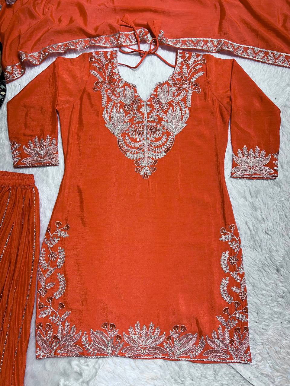 Captivating Orange Color Pure Heavy Chinon Silk With Heavy Embroidery Coding Sequence Work Sharara Suit