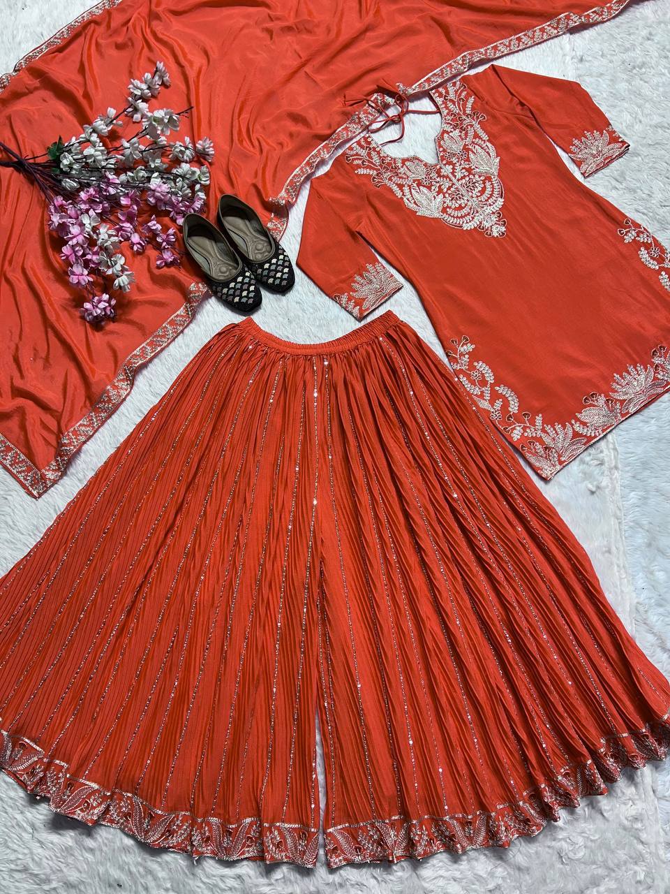 Captivating Orange Color Pure Heavy Chinon Silk With Heavy Embroidery Coding Sequence Work Sharara Suit