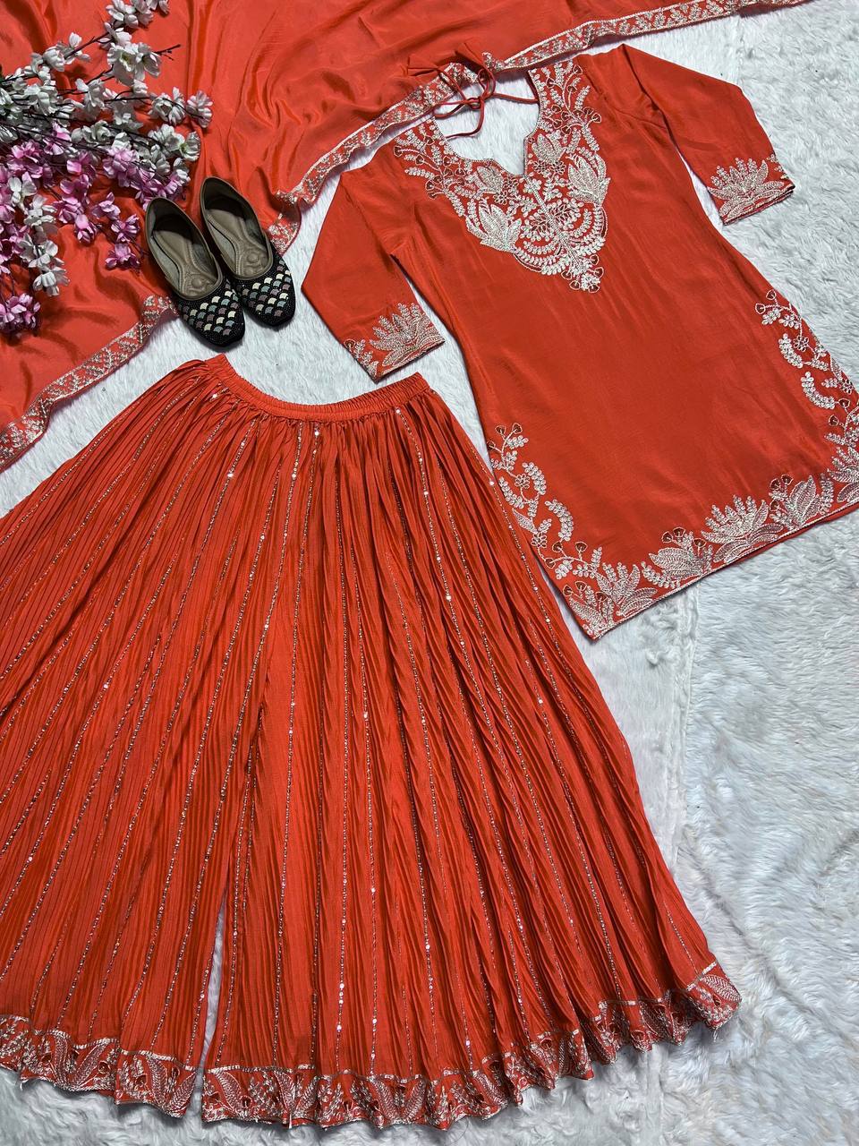 Captivating Orange Color Pure Heavy Chinon Silk With Heavy Embroidery Coding Sequence Work Sharara Suit
