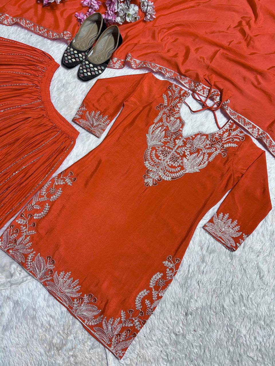 Captivating Orange Color Pure Heavy Chinon Silk With Heavy Embroidery Coding Sequence Work Sharara Suit