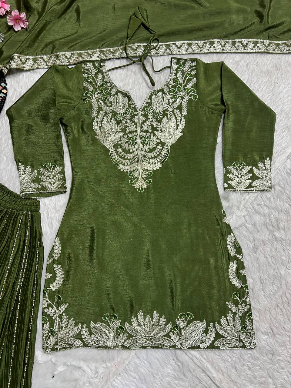 Designer Green Color Pure Heavy Chinon Silk With Heavy Embroidery Coding Sequence Work Sharara Suit