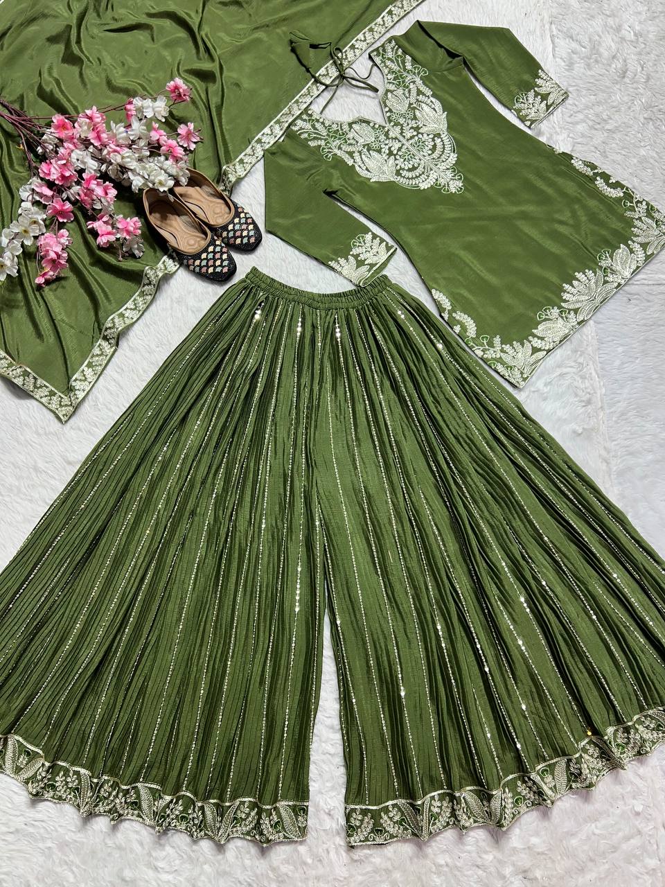 Designer Green Color Pure Heavy Chinon Silk With Heavy Embroidery Coding Sequence Work Sharara Suit