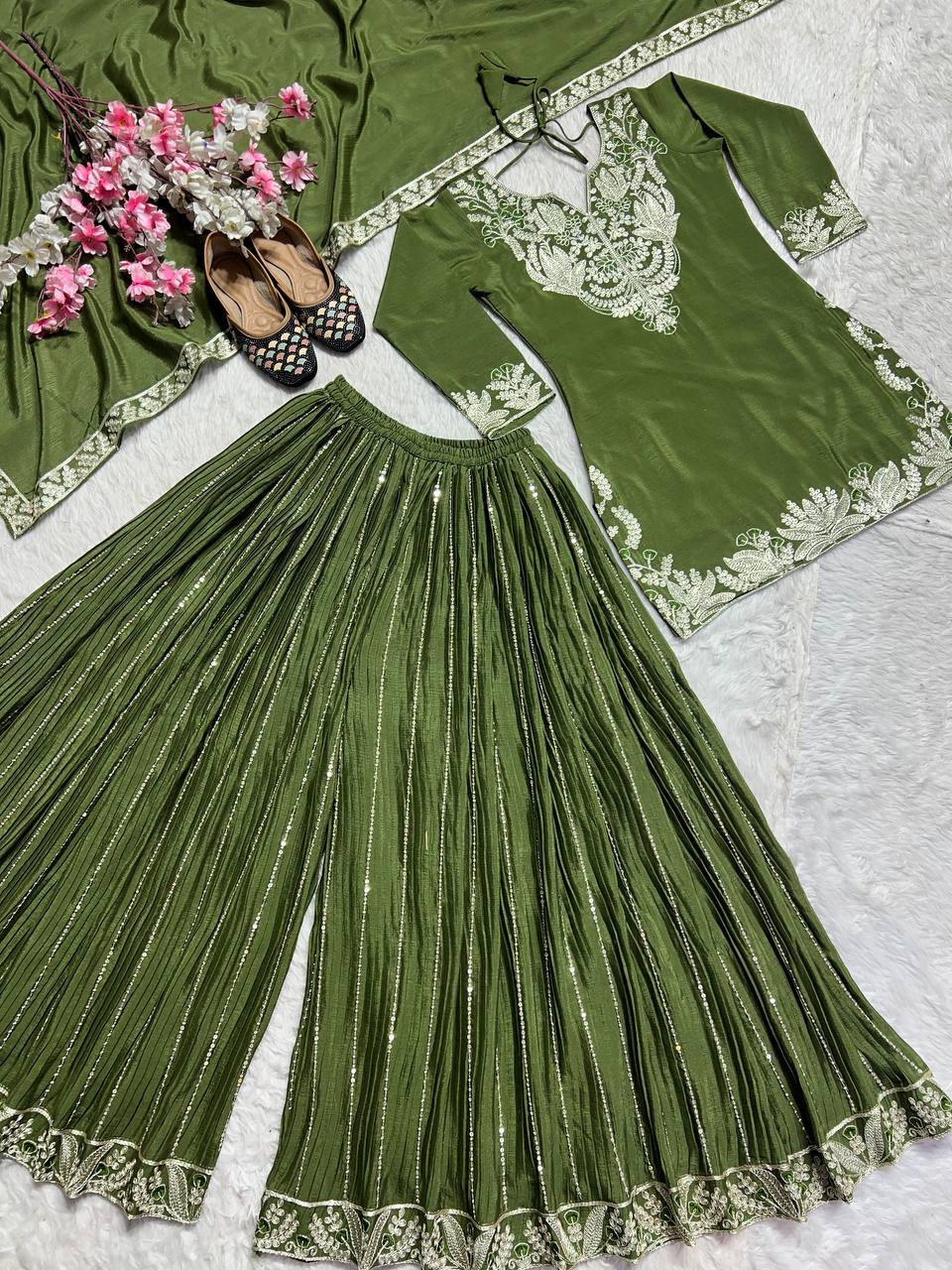 Designer Green Color Pure Heavy Chinon Silk With Heavy Embroidery Coding Sequence Work Sharara Suit