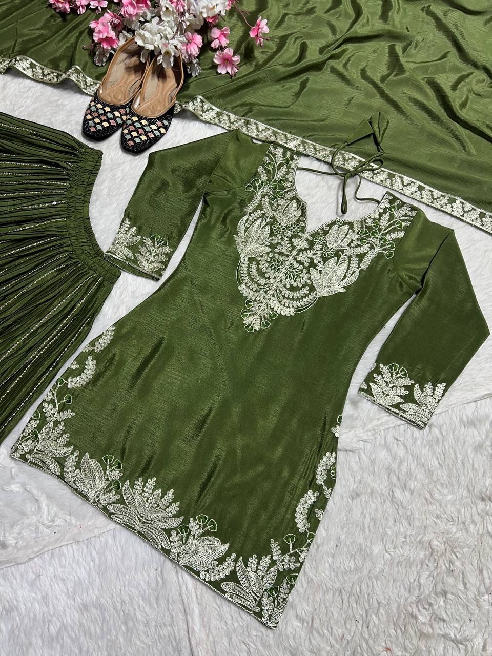 Designer Green Color Pure Heavy Chinon Silk With Heavy Embroidery Coding Sequence Work Sharara Suit