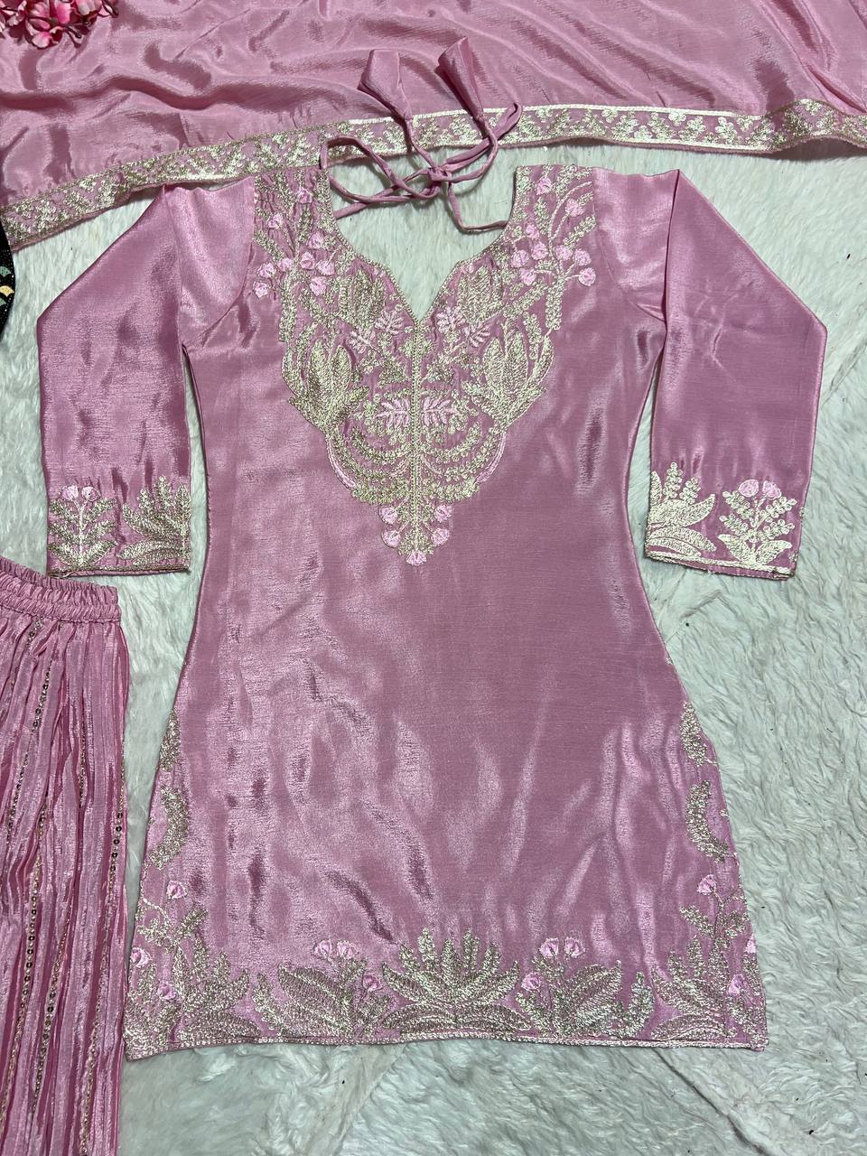Designer Peach Color Pure Heavy Chinon Silk With Heavy Embroidery Coding Sequence Work Sharara Suit