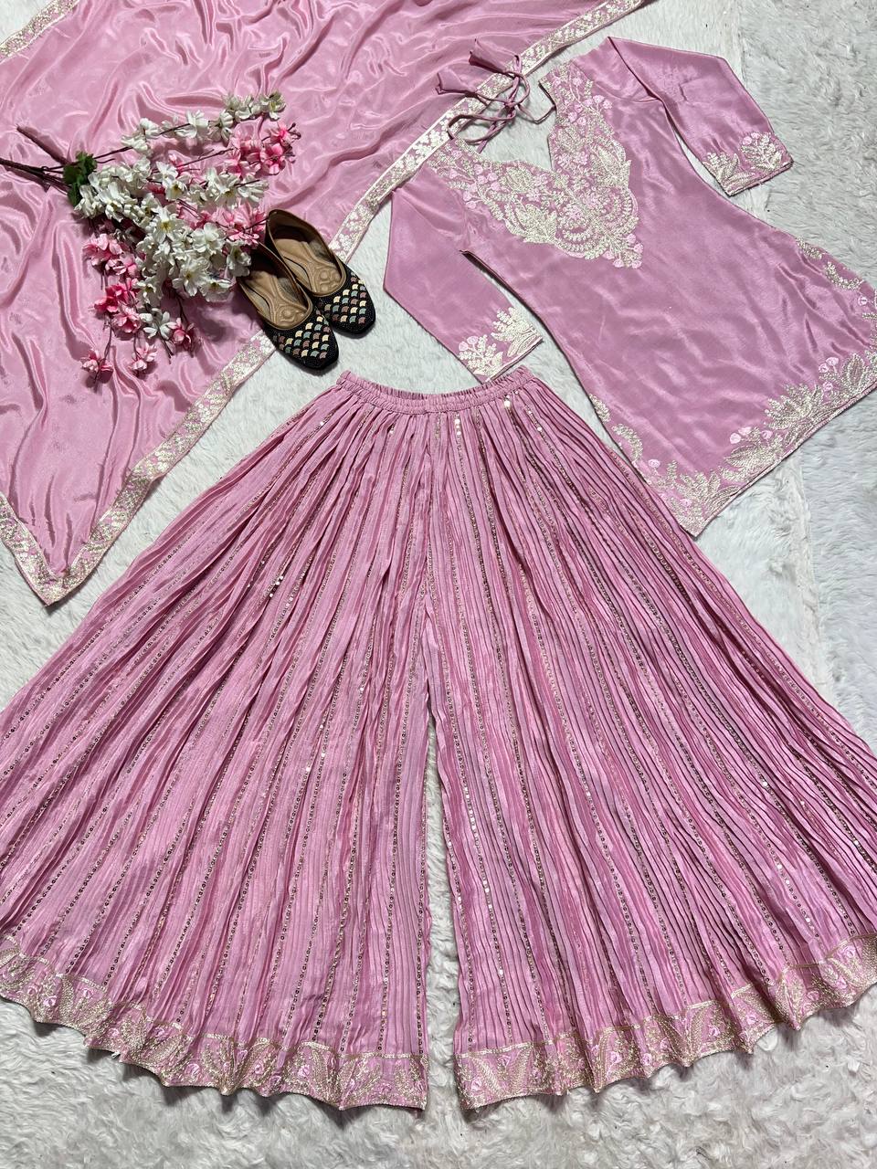 Designer Peach Color Pure Heavy Chinon Silk With Heavy Embroidery Coding Sequence Work Sharara Suit