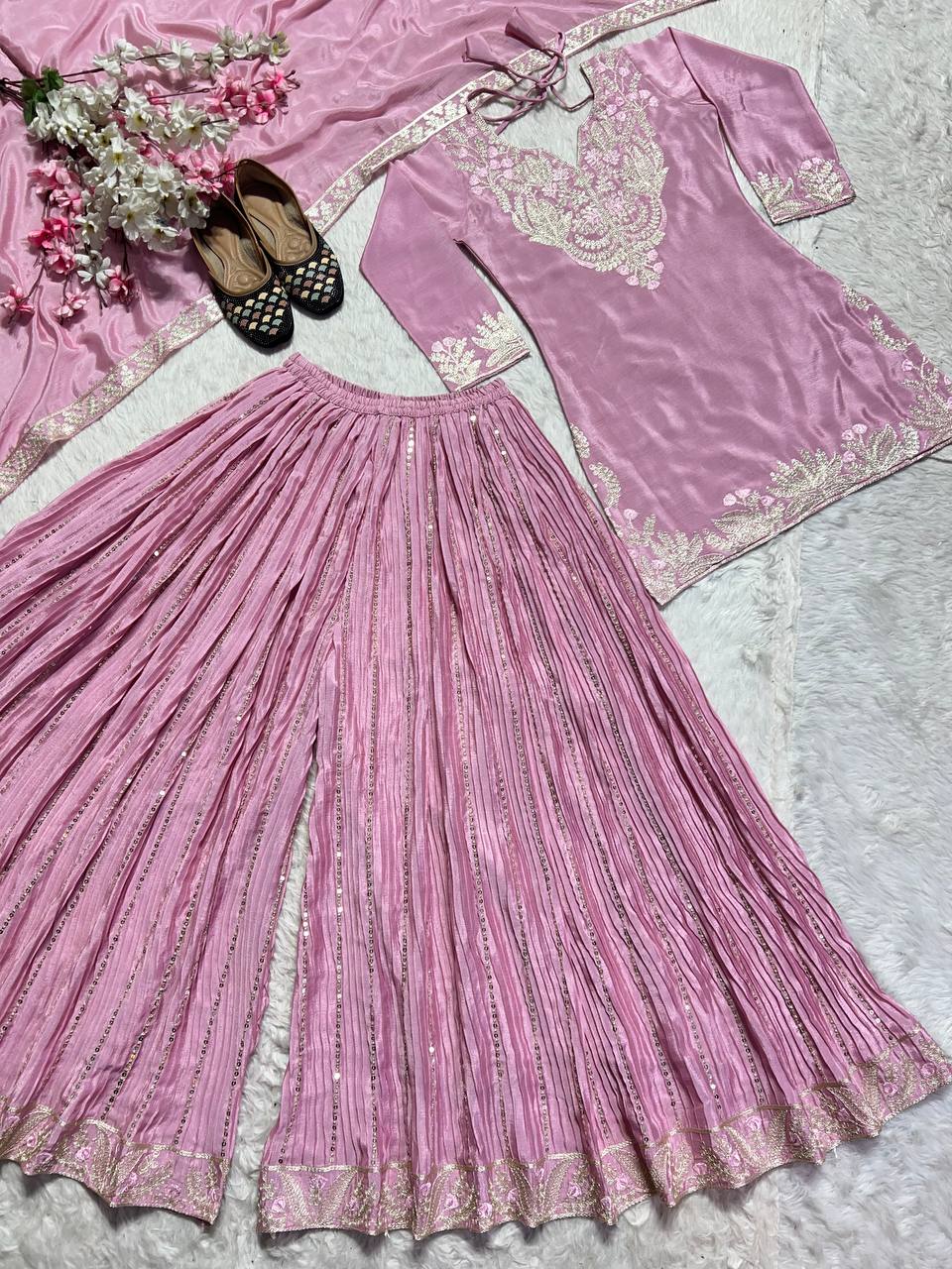 Designer Peach Color Pure Heavy Chinon Silk With Heavy Embroidery Coding Sequence Work Sharara Suit