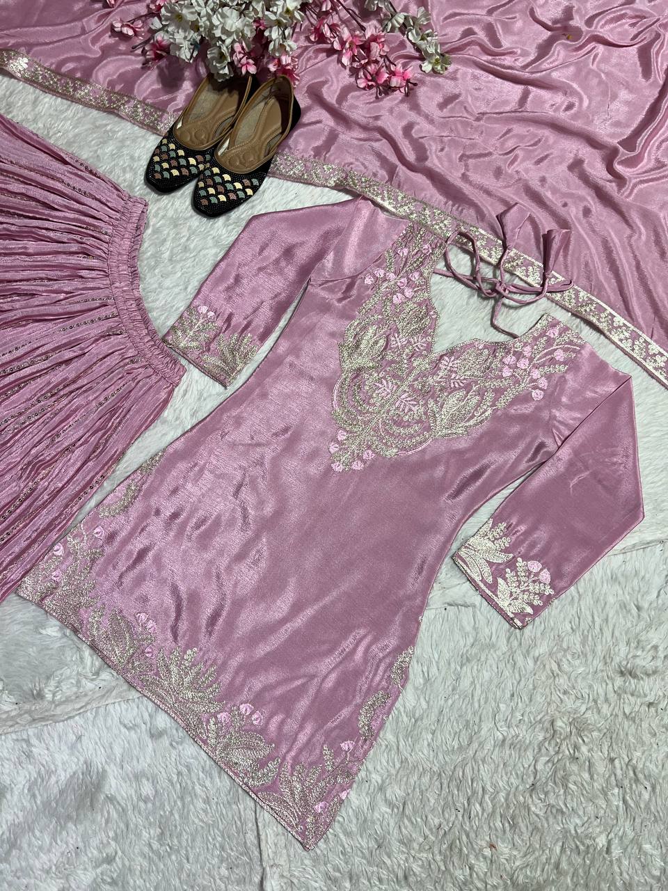 Designer Peach Color Pure Heavy Chinon Silk With Heavy Embroidery Coding Sequence Work Sharara Suit