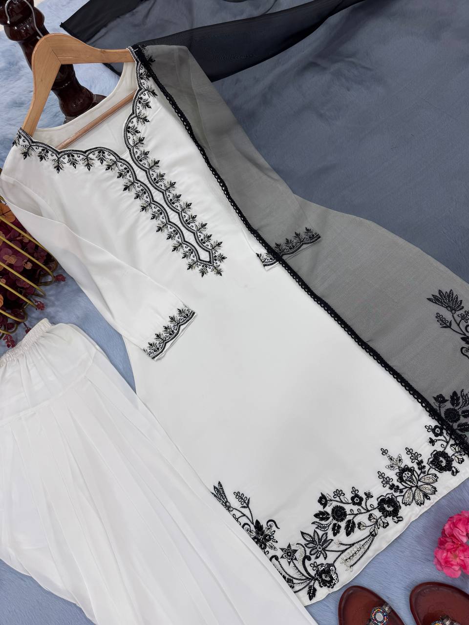 Function Wear White Color Pure Natural Crepe With Beads Hand Work Embroidery Work Palazzo Suit