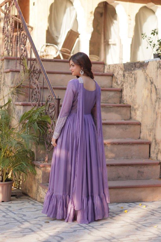 Glorious Lavender Color Star Georgette With Embroidery Beads Sequins Work Designer Gown