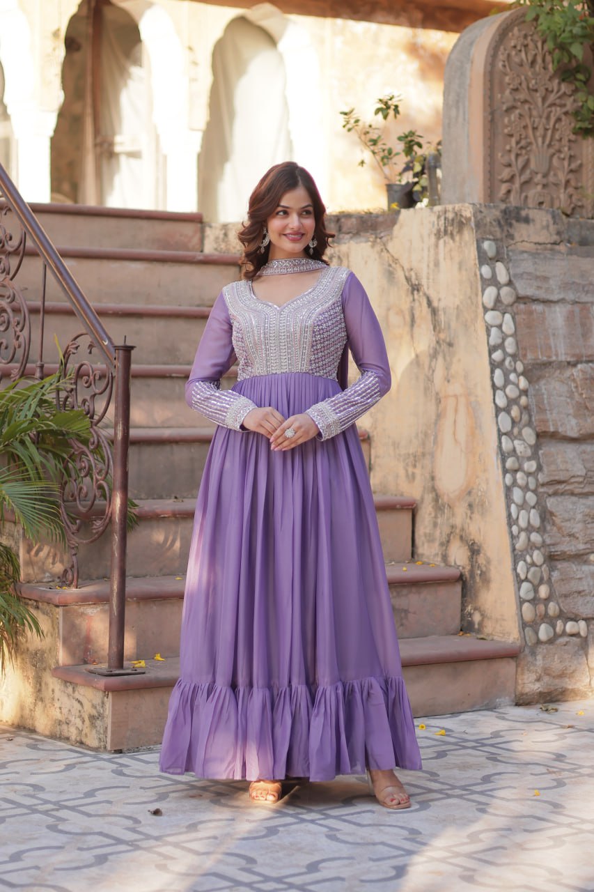 Glorious Lavender Color Star Georgette With Embroidery Beads Sequins Work Designer Gown