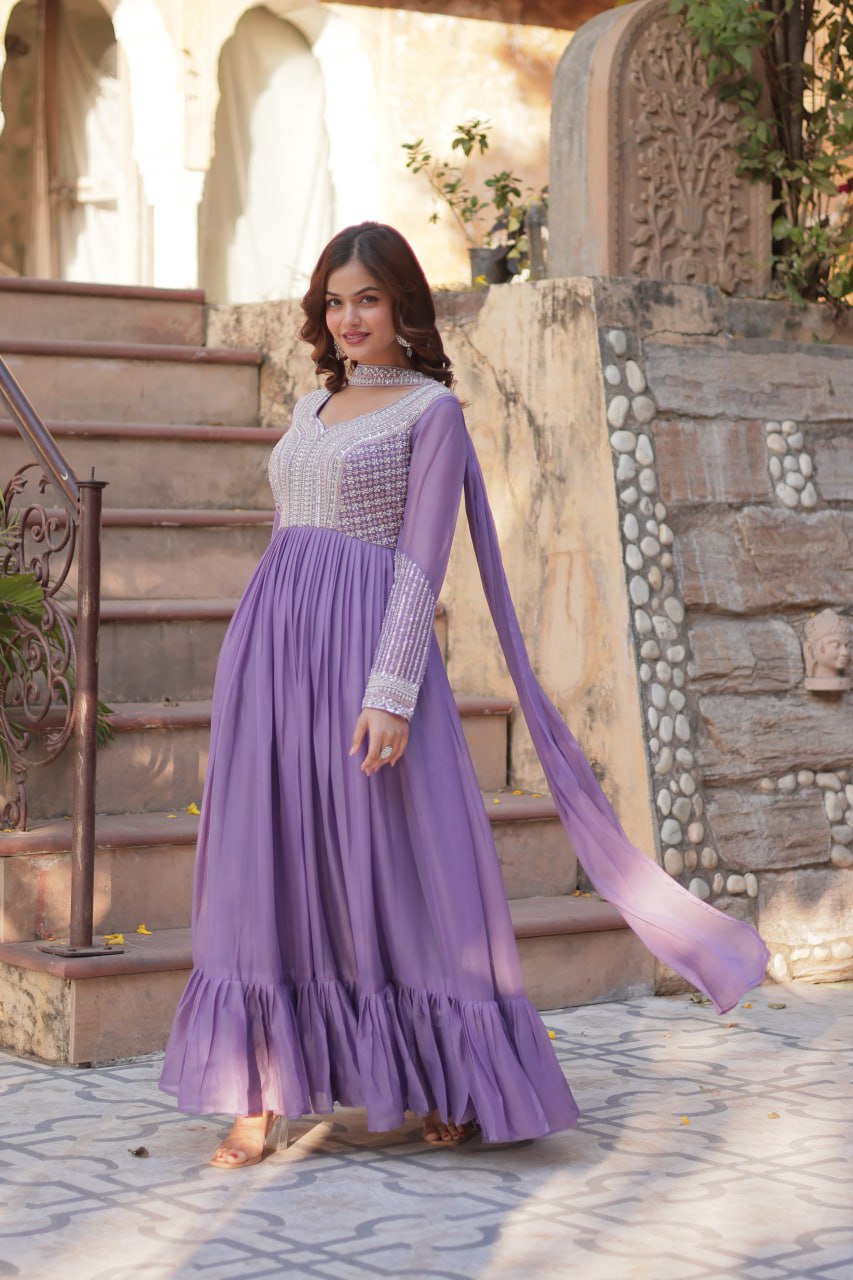 Glorious Lavender Color Star Georgette With Embroidery Beads Sequins Work Designer Gown