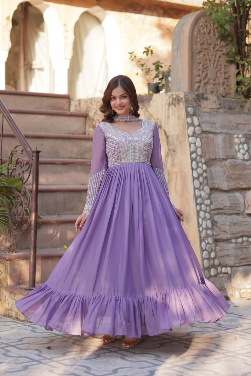 Glorious Lavender Color Star Georgette With Embroidery Beads Sequins Work Designer Gown