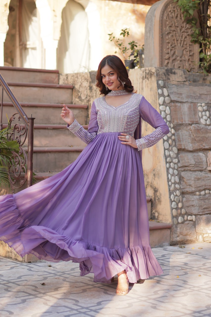 Glorious Lavender Color Star Georgette With Embroidery Beads Sequins Work Designer Gown