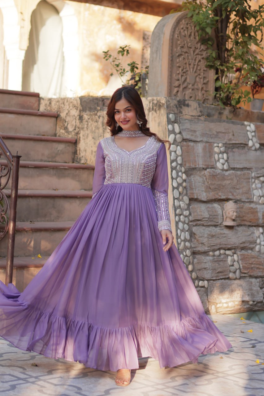 Glorious Lavender Color Star Georgette With Embroidery Beads Sequins Work Designer Gown