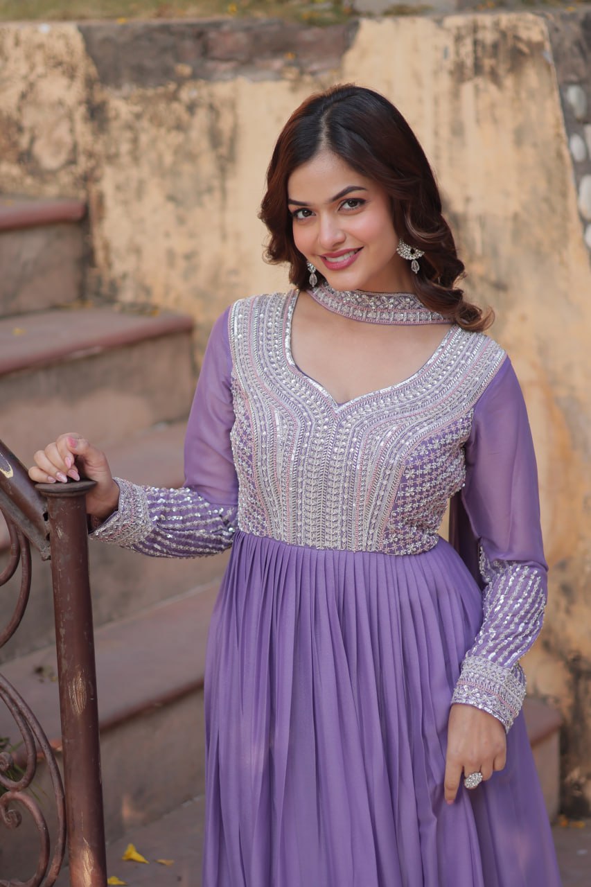 Glorious Lavender Color Star Georgette With Embroidery Beads Sequins Work Designer Gown