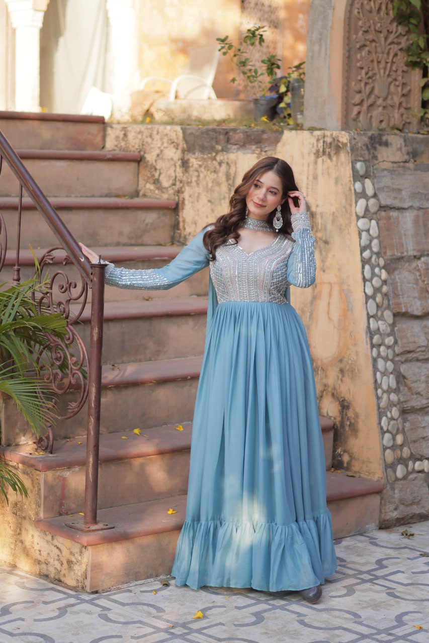 Demanding Sky Blue Color Star Georgette With Embroidery Beads Sequins Work Designer Gown