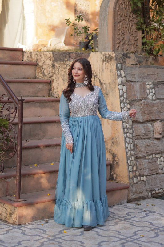 Demanding Sky Blue Color Star Georgette With Embroidery Beads Sequins Work Designer Gown