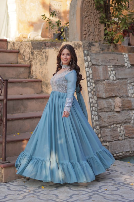 Demanding Sky Blue Color Star Georgette With Embroidery Beads Sequins Work Designer Gown