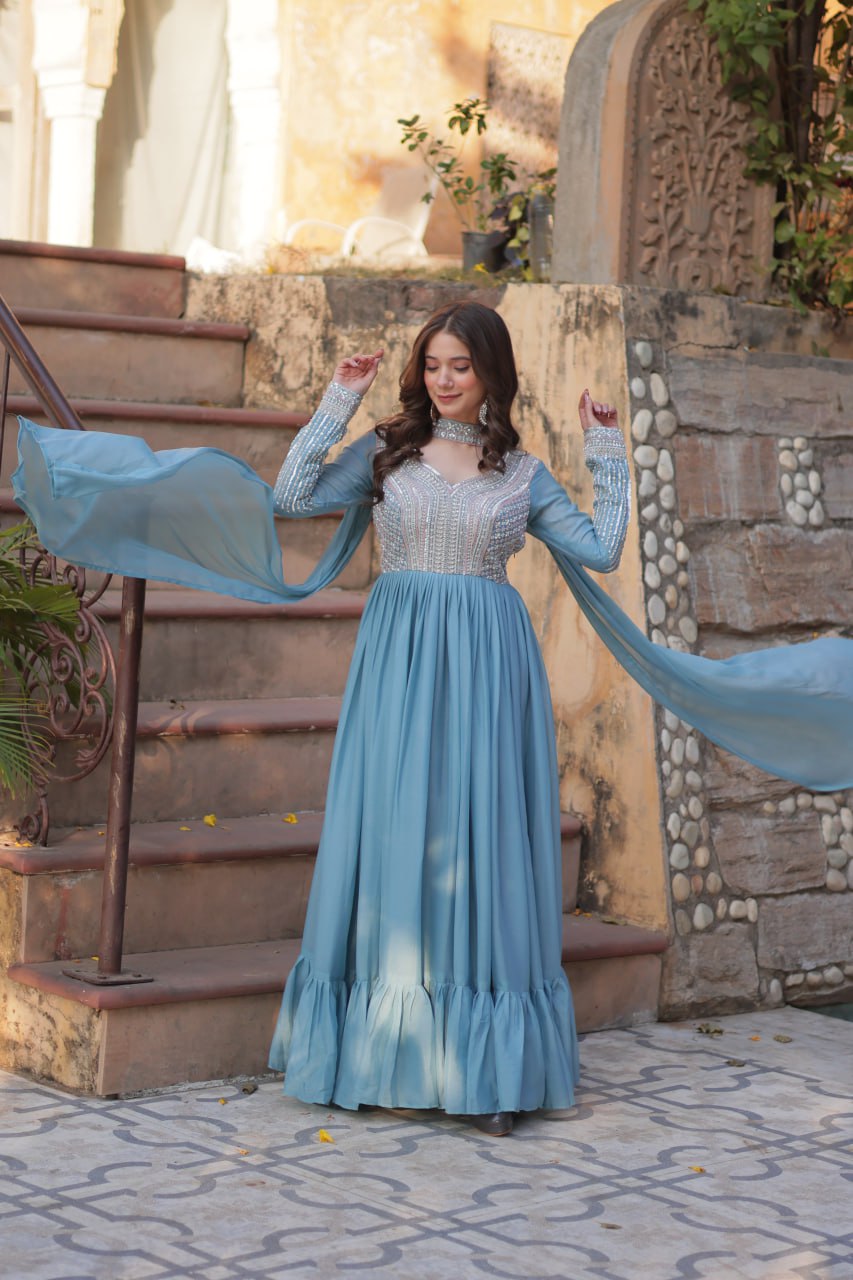 Demanding Sky Blue Color Star Georgette With Embroidery Beads Sequins Work Designer Gown