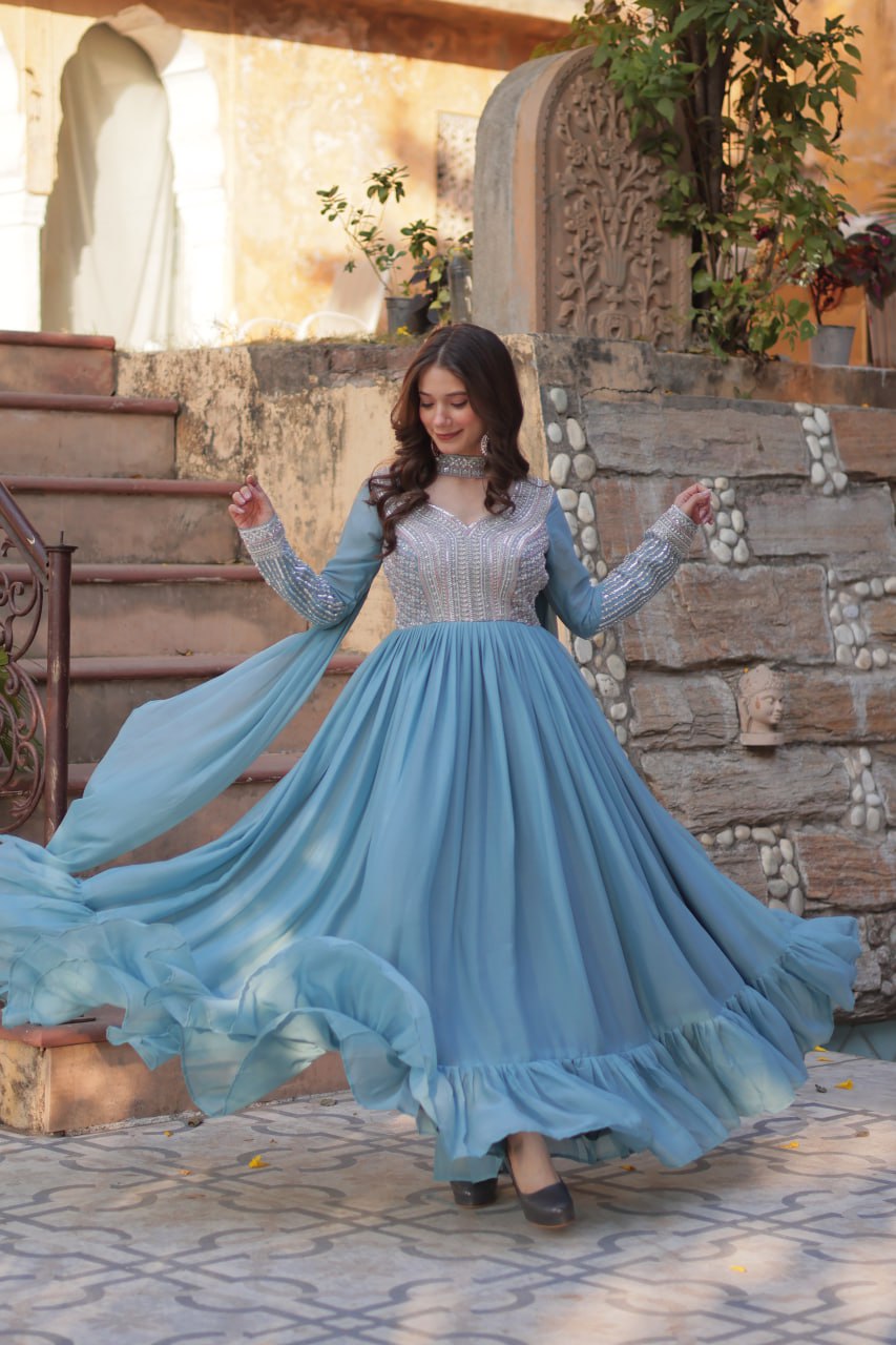 Demanding Sky Blue Color Star Georgette With Embroidery Beads Sequins Work Designer Gown