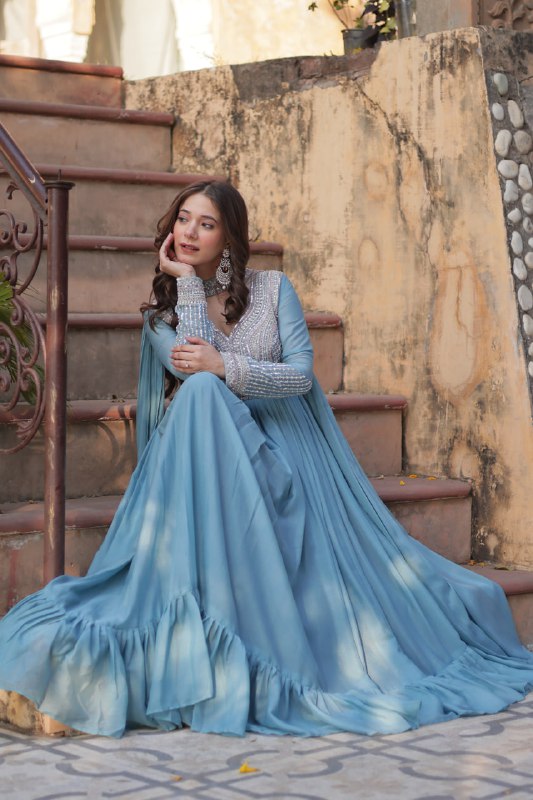 Demanding Sky Blue Color Star Georgette With Embroidery Beads Sequins Work Designer Gown