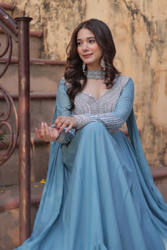 Demanding Sky Blue Color Star Georgette With Embroidery Beads Sequins Work Designer Gown