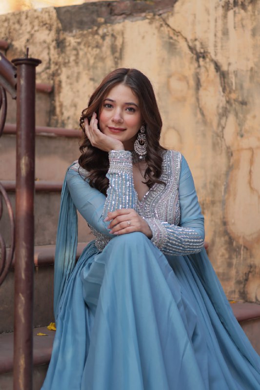 Demanding Sky Blue Color Star Georgette With Embroidery Beads Sequins Work Designer Gown